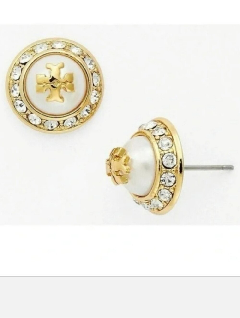 NWT Tory Burch Gold Faux Pearl & Crystal Natalie Stud Earrings Old Money Design
